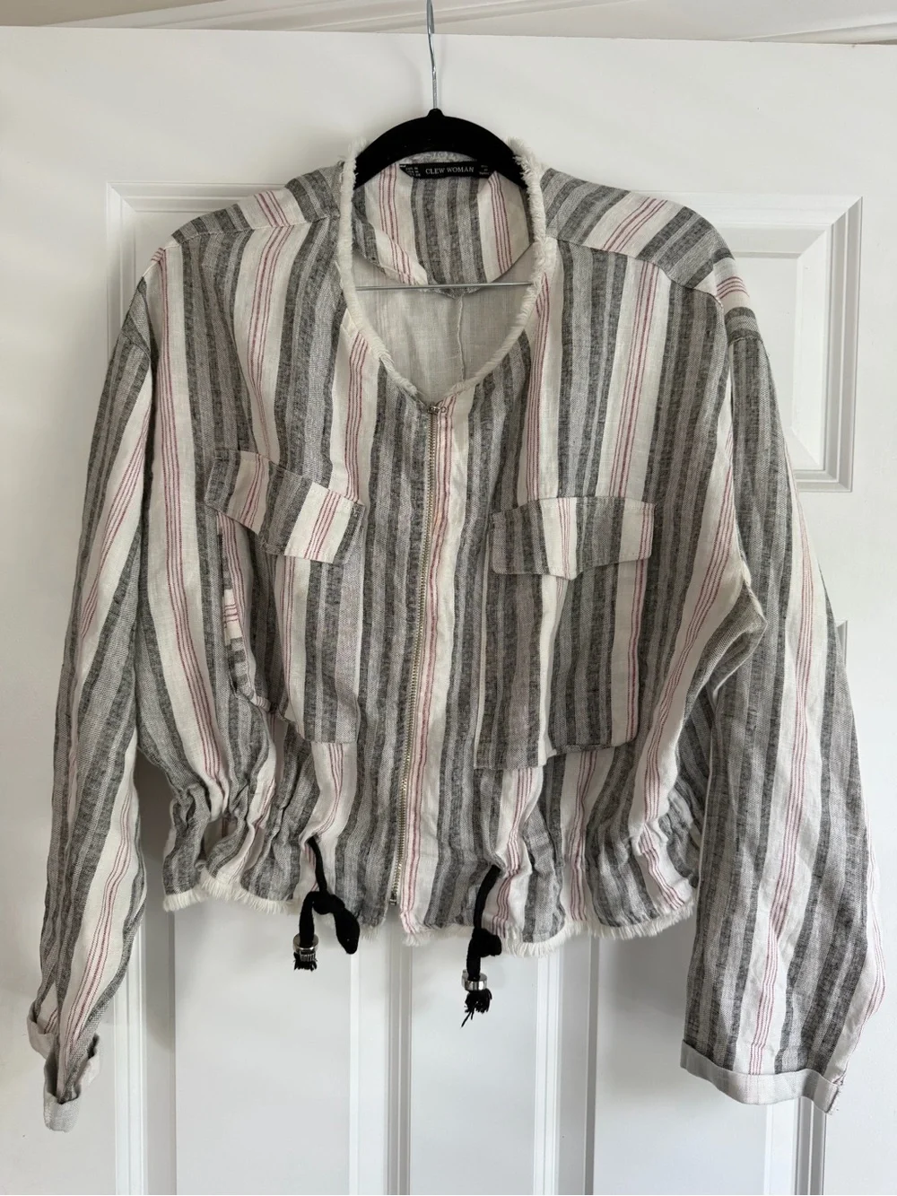 Striped Zip-Front Cropped Jacket in Gray & Pink by